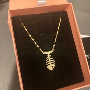 14K Gold Fish Necklace, Fish Charm, Fish Skeleton Pendent, New in Box